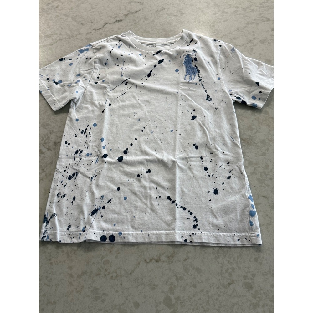 Polo Ralph Lauren Boys White Polo Splatter Graphic T-Shirt Size M 10-12